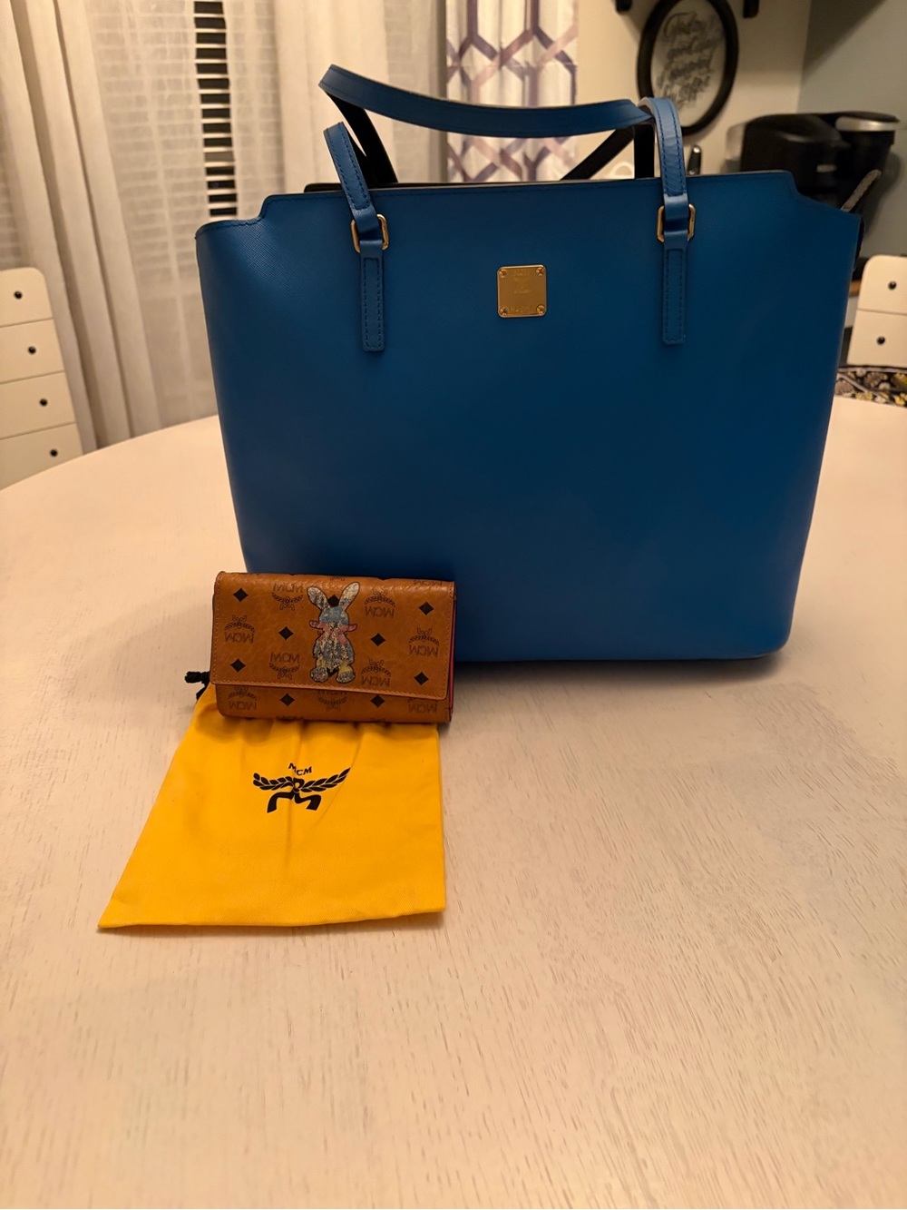 MCM Blue Leather Tote with Gold Logo Plaque and MCM Wallet